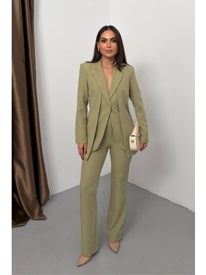 Spirituel Kadın Ikili Alt Üst Takım Şık Çift Katlı Düğmeli Blazer Ceket Bol Paça Pantolon Takım