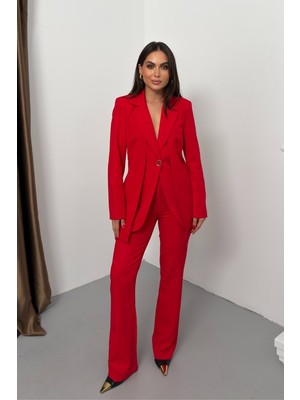 Spirituel Kadın Ikili Alt Üst Takım Şık Çift Katlı Düğmeli Blazer Ceket Bol Paça Pantolon Takım