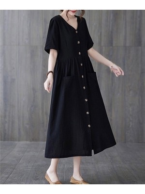 Keten Günlük Rahat V Yaka Beli Büzgü Detaylı Düğmeli Elbise