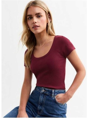 Rooted Kadın Ekru Kare Yaka T-Shirt & Bluz , Likralı Fitilli Kaşkorse Kumaş