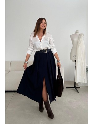 Lacivert Önden Yırtmaçlı Pileli Etek