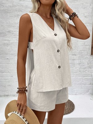 Keten Dekolteli Kolsuz Bluz Şort Ikili Takım