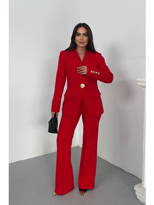 Spirituel Kadın Ikili Takım Şık Düğme Detaylı Dik Yaka Blazer Ceket Bol Paça Pantolon Takım