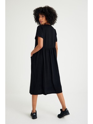 Keten Günlük Rahat V Yaka Beli Büzgü Detaylı Düğmeli Elbise