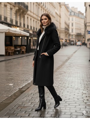 Kadın Kürklü Kaşe Kışlık Siyah Kaban