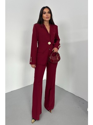 Spirituel Kadın Ikili Takım Şık Düğme Detaylı Dik Yaka Blazer Ceket Bol Paça Pantolon Takım