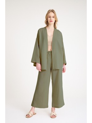 Keten Kadın Salaş Kimono Ikili Haki Takım