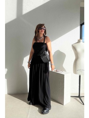 Et Siyah Drapeli Straplez Elbise