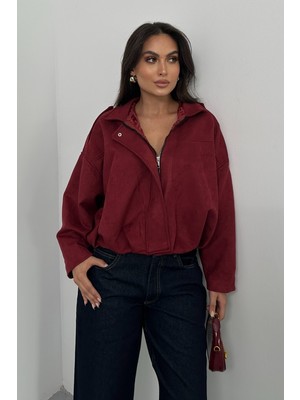 Spirituel Kadın Mont Kısa Oversize Süet Fermuarlı Gömlek Yaka Düşük Omuz Ceket