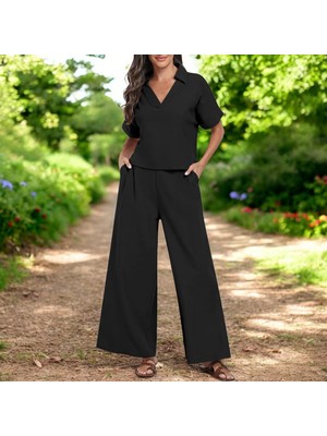 Yazlık Şık V Yaka Keten Takım