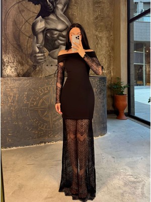 Aris Madona Yaka Kol ve Eteği Dantel Uzun Elbise Siyah