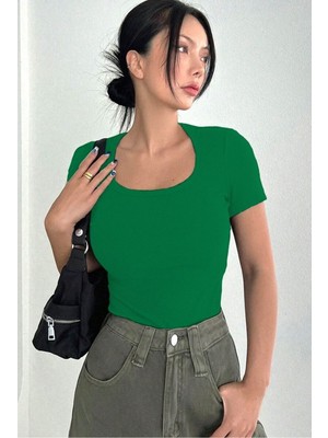 Rooted Kadın Havuz  Yaka T-Shirt & Bluz , Likralı Fitilli Kaşkorse Kumaş