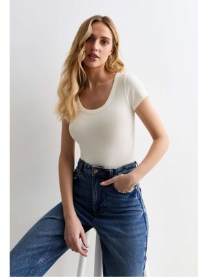 Rooted Kadın Ekru Kare Yaka T-Shirt & Bluz , Likralı Fitilli Kaşkorse Kumaş