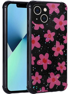 Zore iPhone 13 Uyumlu Simli Desenli Kamera Korumalı Parlak Senk Popy Kapak-Çiçek