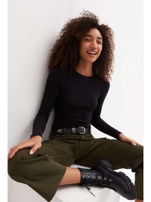 Rooted Kadın Bisiklet Yaka Uzun Kol T-Shirt&bluz ,Fitilli Likralı Kaşkorse Kumaş