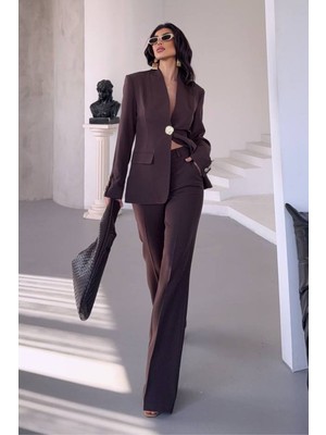 AKD Atelier Kadın Ikili Takım Şık Düğme Detaylı Dik Yaka Blazer Ceket Bol Paça Pantolon Takım