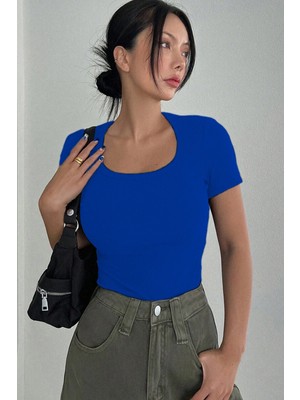 Rooted Kadın Havuz  Yaka T-Shirt & Bluz , Likralı Fitilli Kaşkorse Kumaş