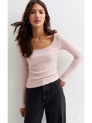 Rooted Kadın Havuz Yaka  Uzun Kol, Derin Havuz Yaka Bluz, Fitilli Kaşkorse Kumaş