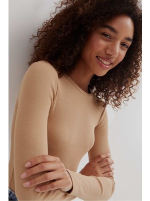 Rooted Kadın Bisiklet Yaka Uzun Kol T-Shirt&bluz ,Fitilli Likralı Kaşkorse Kumaş