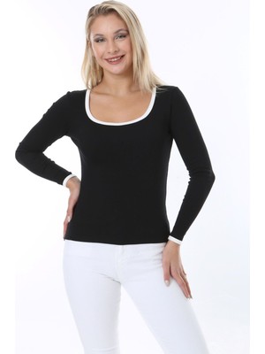 Rooted Kadın Uzun Kol,yaka ve Kol Ucu Contrast Renkli,derin Kare&havuz Yaka ,fitilli Likralı Kaşkorse Kumaş