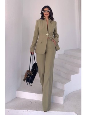 AKD Atelier Kadın Ikili Takım Şık Düğme Detaylı Dik Yaka Blazer Ceket Bol Paça Pantolon Takım