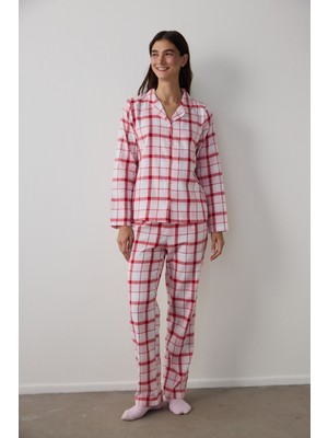 Penti Gül Kurusu Modal Ekoseli Gömlek Yaka Düğmeli Pamuklu Pijama Takımı