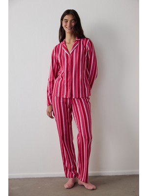Penti Fuşya Bloom Stripes Gömlek Pantolon Pijama Takımı
