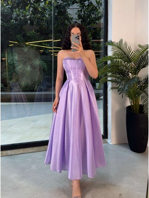 Annet Dekoltesi Boncuk Işlemeli Straplez Korse Görünümlü Midi Boy Prenses Abiye Elbise Lila