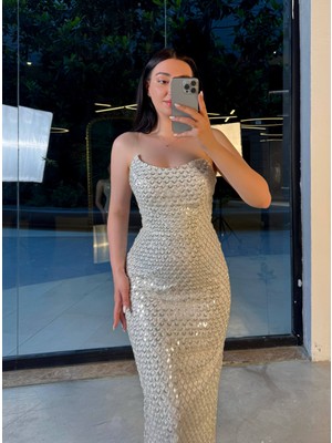 Silviya Straplez Pul Payet Işlemeli Elbise Midi Abiye Beyaz