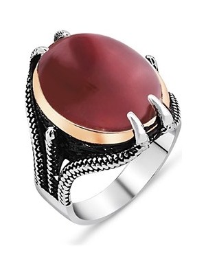 Alyansevim Gümüş Kartal Pençeli Kırmızı Akik Taşlı Erkek Yüzük