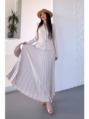 AKD Atelier Kadın Ikili Alt Üst Takım Şık Kemerli Cep ve Düğme Detaylı Kısa Blazer Ceket Piliseli Uzun Etek Takım