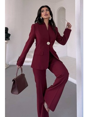 AKD Atelier Kadın Ikili Takım Şık Düğme Detaylı Dik Yaka Blazer Ceket Bol Paça Pantolon Takım