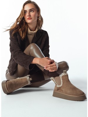 Derimod Kadın Vizon Kalın Tabanlı Desenli Süet Deri Teddy Bot 25WFD492610