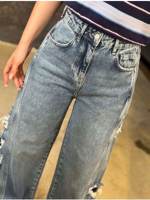 Aven Yüksel Bel Geniş Paça Yan Yırtık Görünüm  Detay  Premium Kalite  Kot Pantolon Mavi