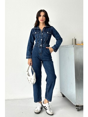 AKD Atelier Kadın Denim Tulum Düğmeli Uzun Kollu Pantolonlu Cepli Gömlek Yaka Kot Tulum