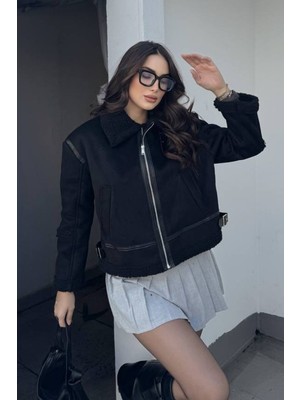 AKD Atelier Kadın Süet Mont Içi Kürklü Fermuarlı Cepli Yaka ve Kol Detaylı Premium Regular Ceket
