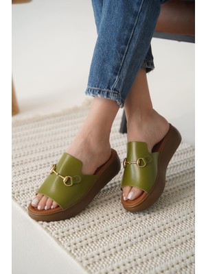 Nelly Haki Yeşili Hakiki Deri Terlik