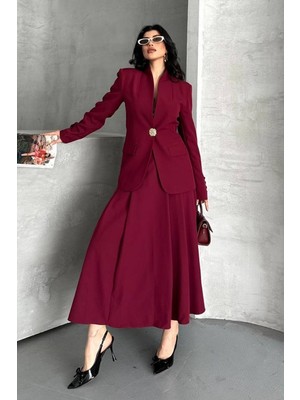 AKD Atelier Kadın Ikili Takım Şık Düğme Detaylı Dik Yaka Blazer Ceket Uzun Çan Etek Takım