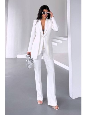 AKD Atelier Kadın Ikili Alt Üst Takım Şık Çift Katlı Düğmeli Blazer Ceket Bol Paça Pantolon Takım