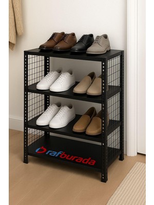 Rafburada 4 Katlı Renkli Tel Kafesli Çelik Ayakkabılık Rafı  - Siyah-31X75X75 cm