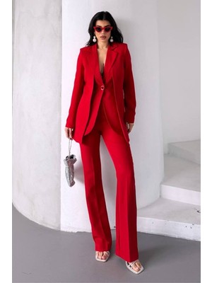 AKD Atelier Kadın Ikili Alt Üst Takım Şık Çift Katlı Düğmeli Blazer Ceket Bol Paça Pantolon Takım