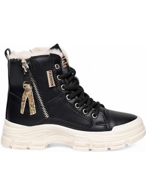 Conpaks Filet 5428 Cilt Siyah Bej Kaymaz Kürklü Fermuarlı Kız Çocuk Bot