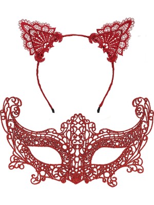 Ronanna Buğz Romantik Kırmızı Dantel Maske Seti – Kedi Kulaklı Taç ve Maske No 3