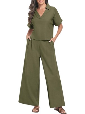 Kollu Salaş Rahat Elbise Zarif Kadin T-Shirt ve Uzun Pantolon Alt Üst Ikili Takım V Yaka Kısa