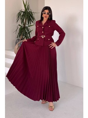 AKD Atelier Kadın Ikili Alt Üst Takım Şık Kemerli Cep ve Düğme Detaylı Kısa Blazer Ceket Piliseli Uzun Etek Takım