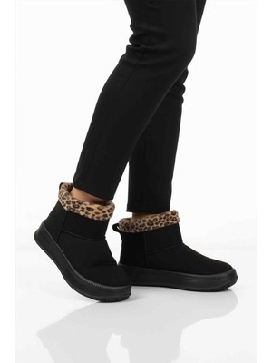 Ayakmod Siyah Leopar Kürklü Soğuğa Dirençli Kaymaz Kadın Bot 25001 Z