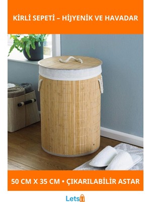 Letsii Yuvarlak Bambu Kirli Sepeti 50 cm Yükseklik, 35 cm Genişlik