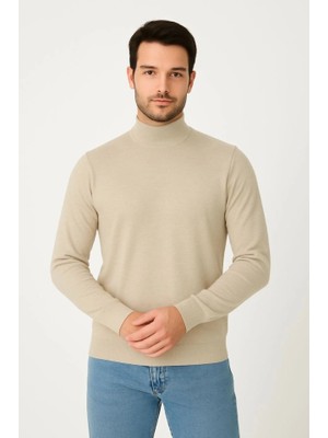 Erkek Yarım Boğaz Triko Kazak Yumuşak Dokulu Pamuklu Ince Dokuma, Uzun Kollu Rahat Regular Kalıp - Bej