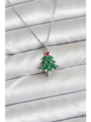 Shopwe 316L Çelik Zincir Gümüş Renk Çam Ağacı Model Yılbaşı Temalı Kadın Kolye