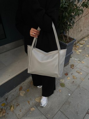 Purpleart Kadın Gri Fermuarlı Kapamalı Büyük Boy Omuz Çantası 28X42CM